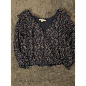 American Eagle Womens Navy Gold Paisley Crop Top Long Sleeve Boho Gypsy